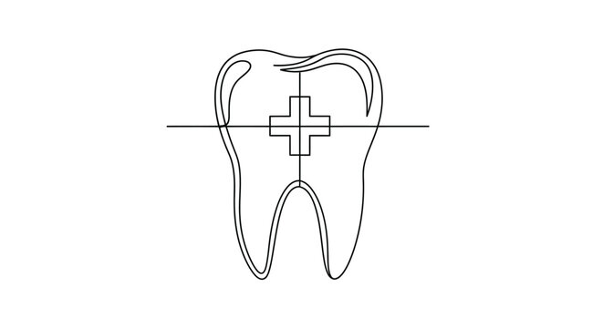 Tooth icon with a medical cross inside, line art illustration.