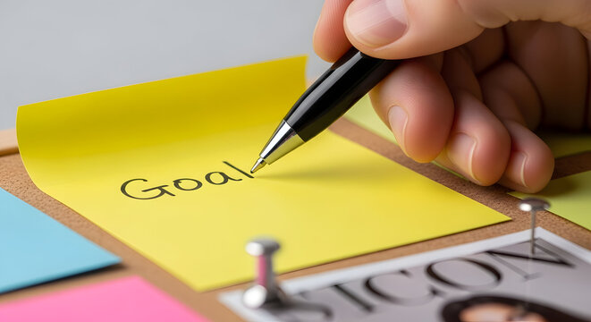 Close-up of a hand writing the word goal on a yellow sticky note pinned to a cork mood board surrounded by colorful notes and photos.