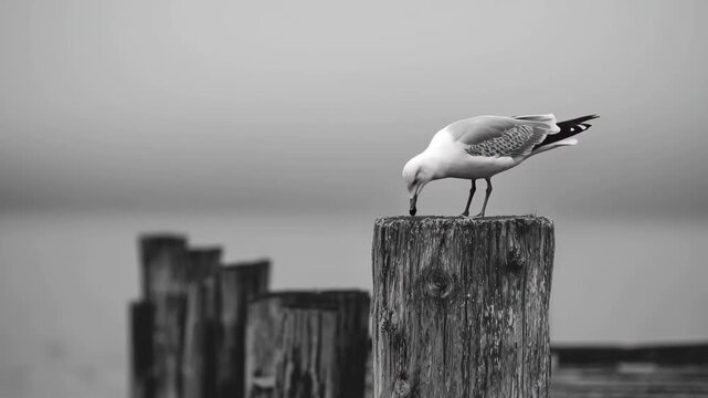 Seagull perched on pier post, A seagull standing on a wooden pier post