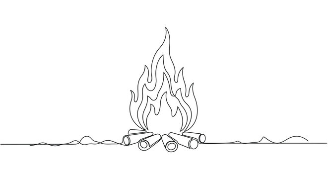 Campfire burning brightly with logs, single line drawing illustration
