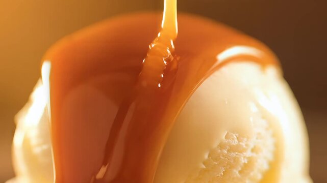 Melted caramel sauce drizzling over a scoop of creamy vanilla ice cream dessert