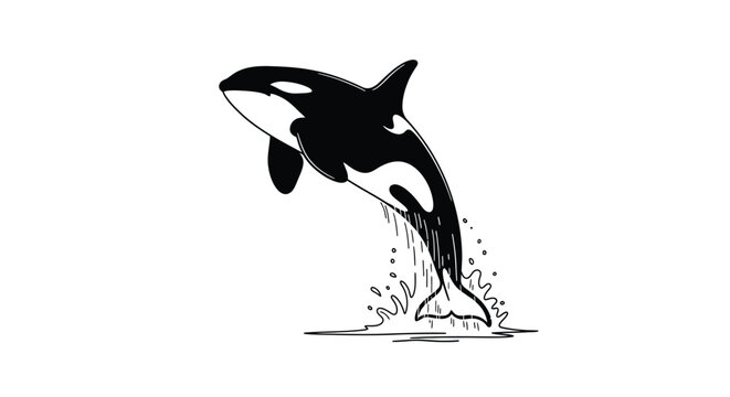 Jumping orca whale with water splash, black and white illustration, marine mammal