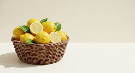 A woven basket full of fresh lemons and green leaves