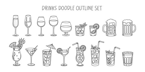 Set of different drinks in outline style