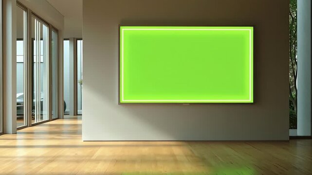 Modern interior with wall-mounted television displaying bright green chroma key screen.