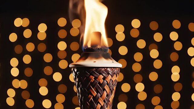 Close-up of a lit tiki torch against a blurred background of warm, golden lights