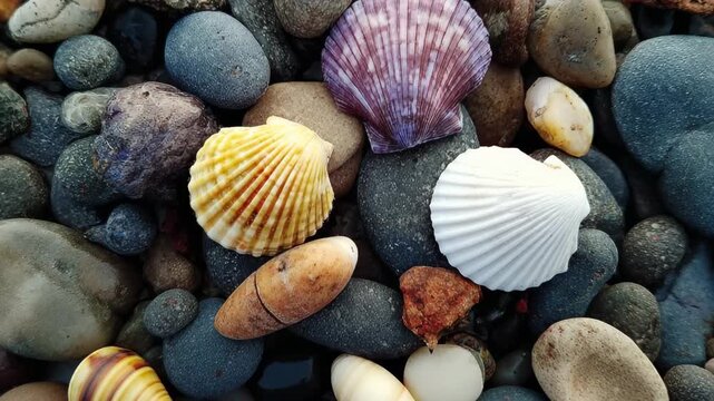 Seashells on pebbles, Various seashells resting on a bed of small, rounded pebbles