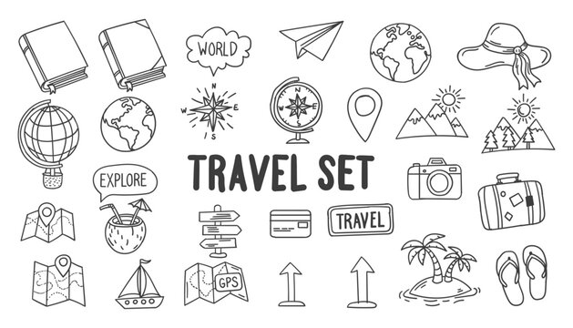 Travel related icons and symbols in line art style