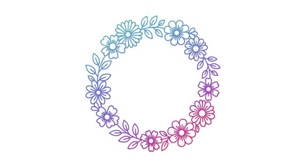 Colorful floral wreath with gradient flowers and leaves on white background