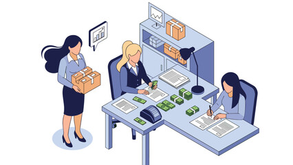 Group of professional women managing business finances and shipping logistics in a modern office or warehouse office.