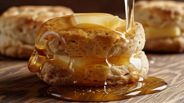 Honey Pouring on Biscuit Sandwich - A close-up shot captures golden honey being poured over a biscuit sandwich with butter on a rustic wooden board.