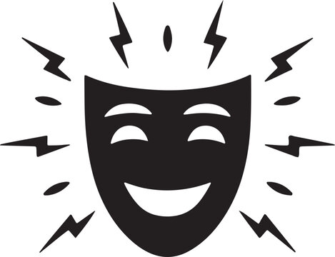 Theater mask happy face with lightning bolts exploding from head silhouette