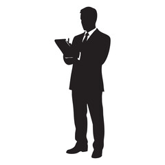 Businessman silhouette writing in notepad on white background black drawing business man taking notes in document isolated vector illustration of professional male worker