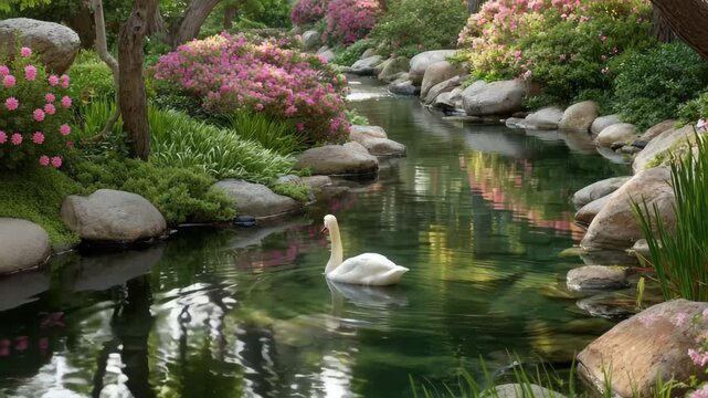 Serene garden with swan, A peaceful garden with a swan swimming in a pond
