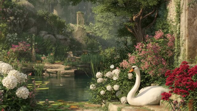 Serene garden with swan, A peaceful garden with a swan swimming in a pond