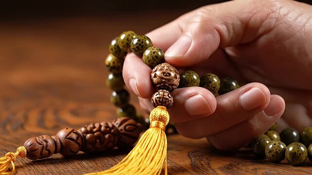 Close-up of a person's hand holding a wooden bead rosary with intricate carvings and a yellow tassel