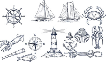 Vintage nautical marine line art set, lighthouse sailboat anchor compass sea animals engraving illustration collection for coastal navigation design artwork © Its Marjia's World