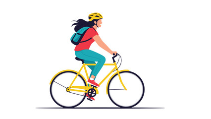Fototapeta premium Active young woman with a backpack and helmet riding a yellow bicycle outdoors for fitness and transportation on a sunny day.