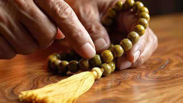 Close-up of a person's hands holding a beaded bracelet with a tassel on a wooden
