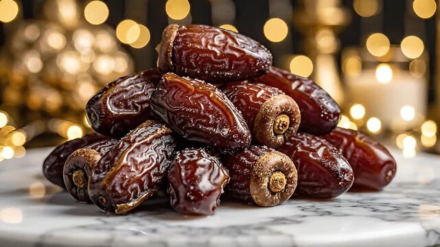 Close-up of a Pile of Fresh, Ripe Dates on a Marble, With Soft Bokeh Background