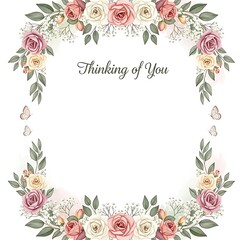 A beautiful floral frame with roses and butterflies surrounds the thoughtful message Thinking of You