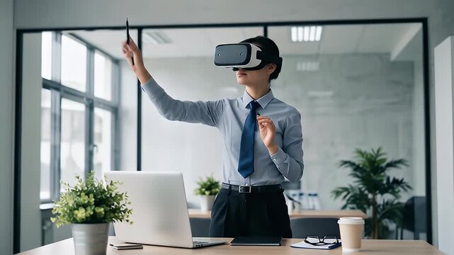 Woman wearing VR headset interacts with virtual interface in modern office