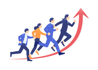右肩上がりの業績。赤い矢印と共に走る4人。成長へ向かって駆け出すビジネスパーソンのイラスト素材。