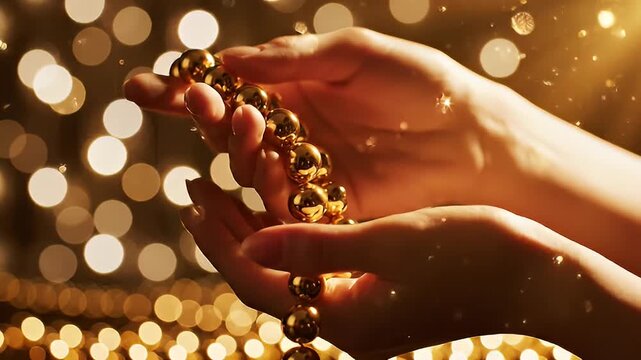 Close-up of golden jewelry being held in gentle hands with shimmering bokeh lights