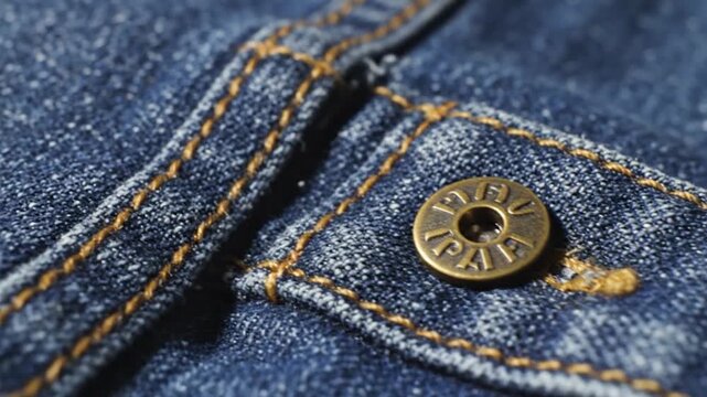 Close-up view of blue denim fabric texture with detailed stitching and a l