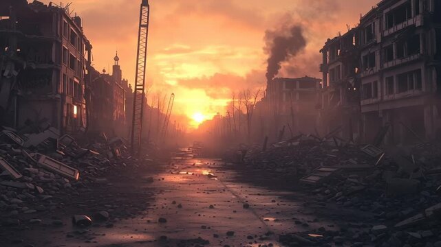 A desolate city street with a car on the ground and a large crane in the background. The sky is orange and the sun is setting. a destroyed city street at sunset, passing crumbling