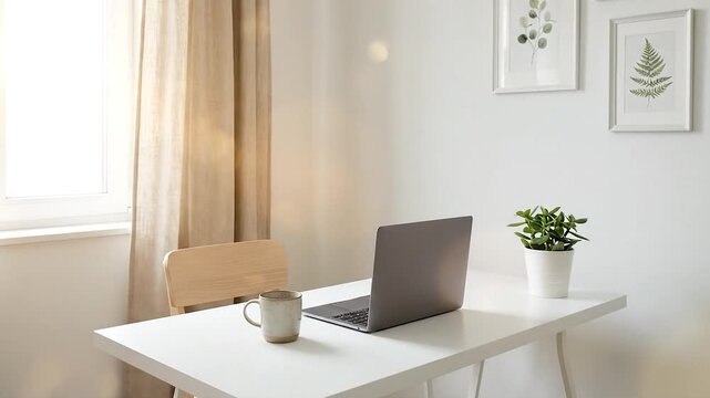 Minimalist Home Office Laptop with Mug  Plant on White Desk with Natural Light.