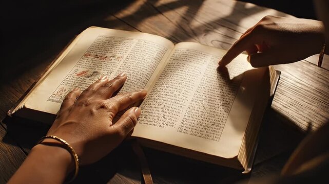 Close-up of hands and old book on wooden table with sunlight