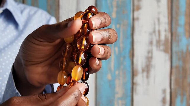 Close-up of hands holding a string of amber beads against a wooden backdrop for jewelry