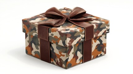 A gift box in camouflage print with a brown ribbon on a white background. Concept of: Defender of the Fatherland Day celebration