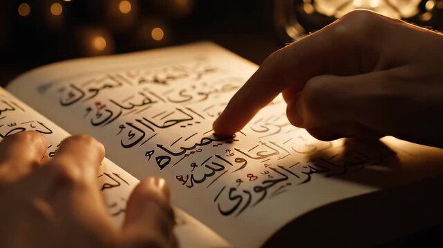 Close-up of Hands Reading Holy Book at Night with Candlelight