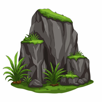 Detailed Illustration of a Lush Rocky Outcropping with Greenery Clipart