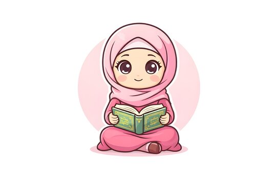 cute muslim girl wearing soft pink hijab sitting and reading Quran, chibi illustration, big eyes, small body proportions, soft pastel color palette, clean vector style, thick smooth outline, flat shad
