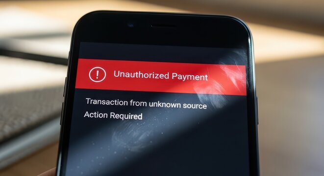 Smartphone Screen Showing Unauthorized Payment Alert.