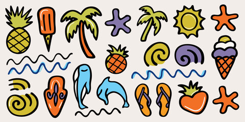 Colorful summer doodles featuring tropical fruits ocean life and accessories © Raju