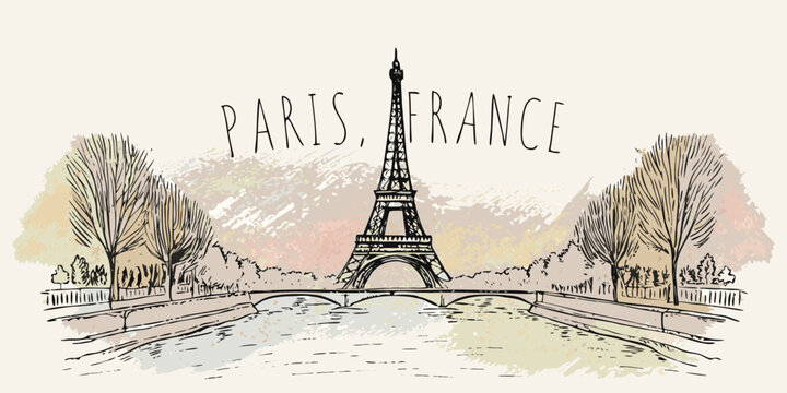 Sketch of the eiffel tower in paris france with surrounding trees