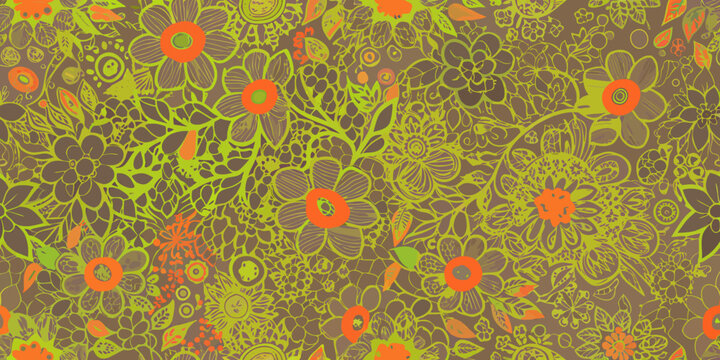 A vibrant repeating pattern of stylized flowers in shades of orange and green