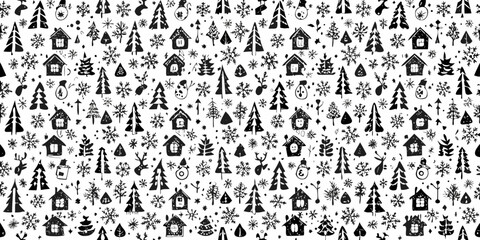 Whimsical black and white pattern of winter houses and snowflake designs