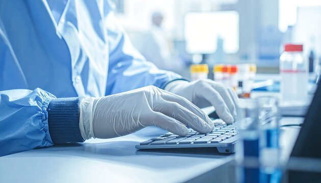 A gloved hand types on a keyboard in a laboratory setting