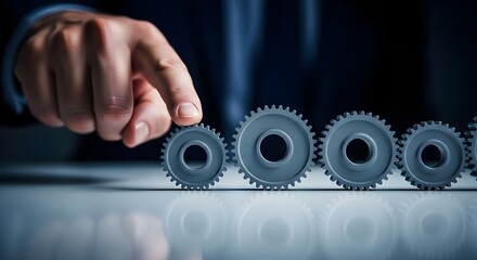 Hand adjusting metal gear on table representing change management transformation, strategy alignment, process optimization and leadership intervention.  Photo | copy space 