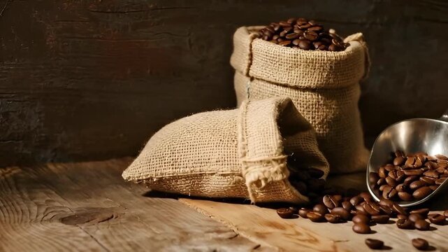 roasted coffee beans in rustic burlap sack