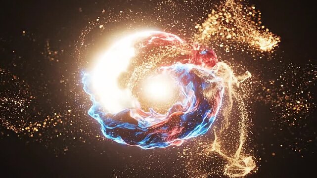 Abstract Swirling Energy Particles representing Harmony for World Peace and Understanding Day, magical light fusion, balance of opposites, and spiritual unity loop concept.