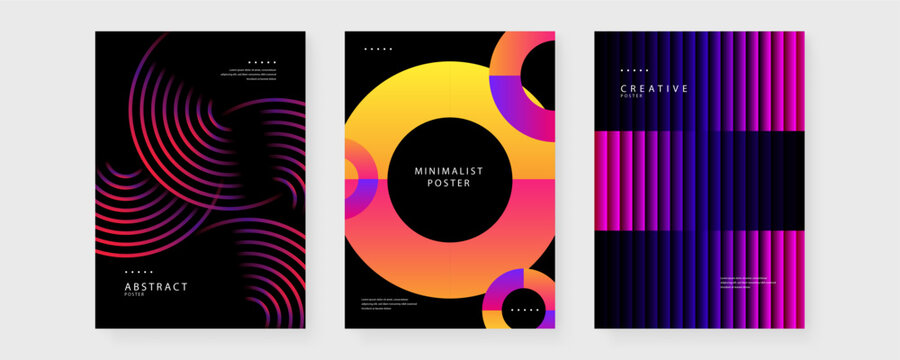 Three different abstract minimalist posters featuring vibrant gradients