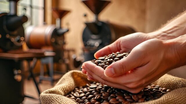 handful of freshly roasted coffee beans roastery
