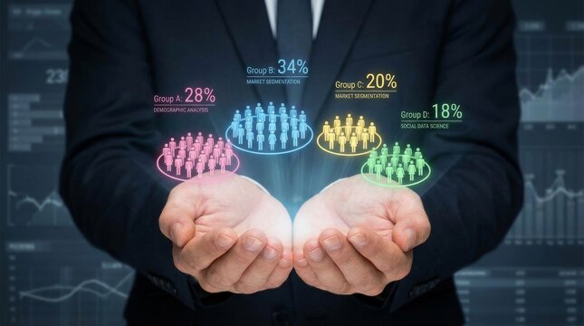 Cluster analysis in marketing and statistical data. Customer segmentation strategy. Marketer analyzing the target market, Represents Market Segmentation and Population Statistics