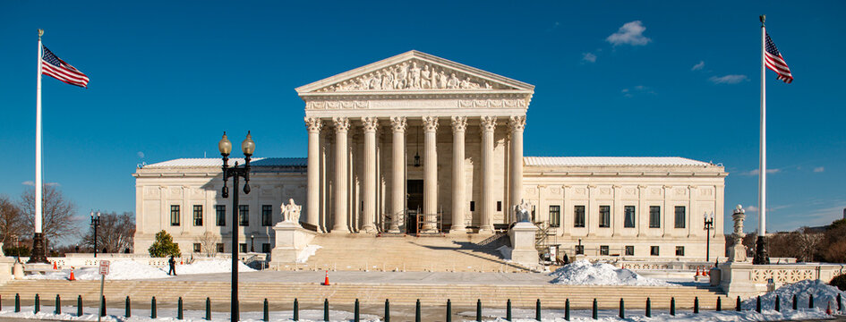 Supreme court courthouse in united states. Supreme court building under blue sky. Supreme court landmark of democracy. Supreme court symbol of national freedom.
